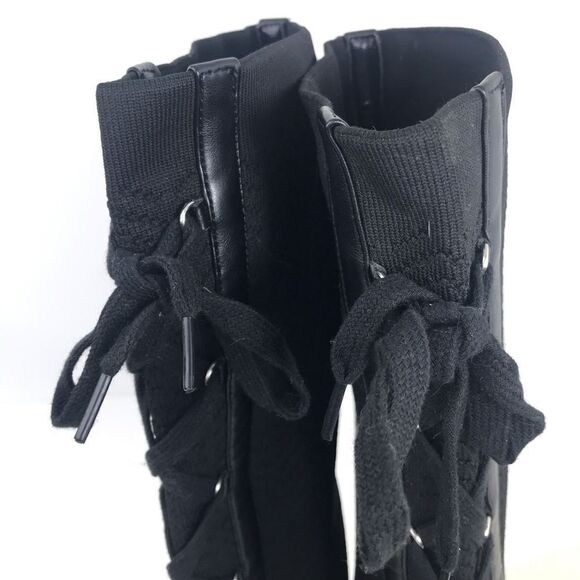 Polly Black Caviar Herringbone Textile Knit Tall Lace Up Pull On Combat Boots - Picture 9 of 16